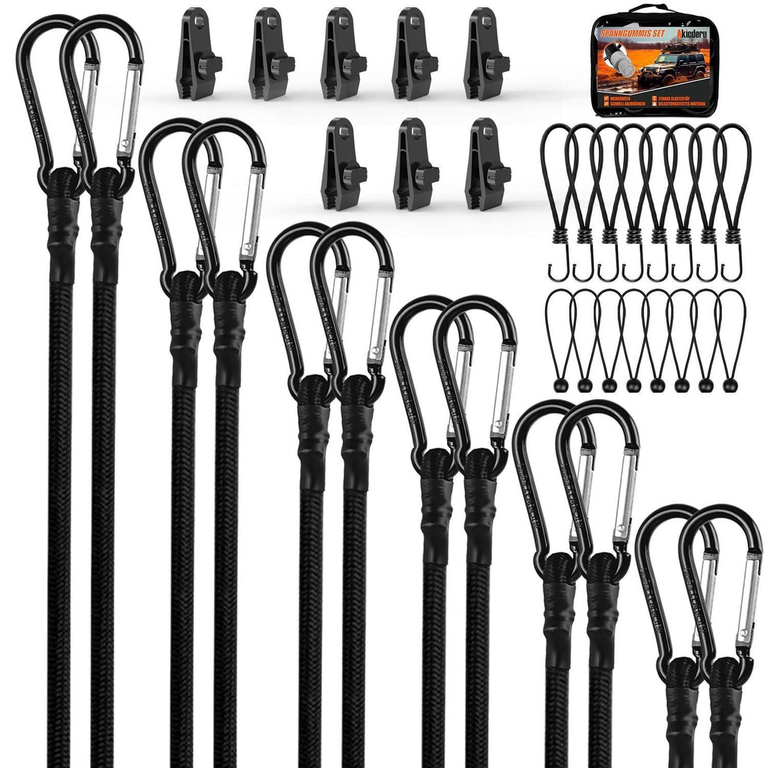 36tlg. Spanngummi Set Mit Haken & Karabiner, Elastische Gummiseile Für Transport & Haushalt
