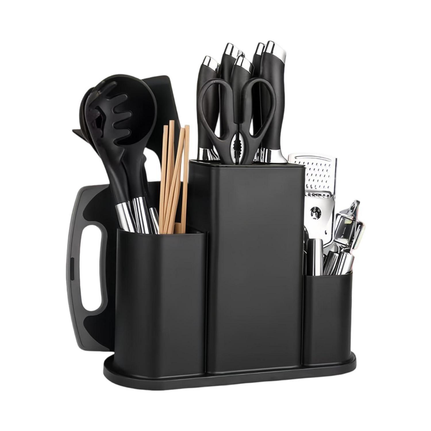 4-in-1 Messerblock Schwarz Mit Utensilienfächern & Abflusslöchern