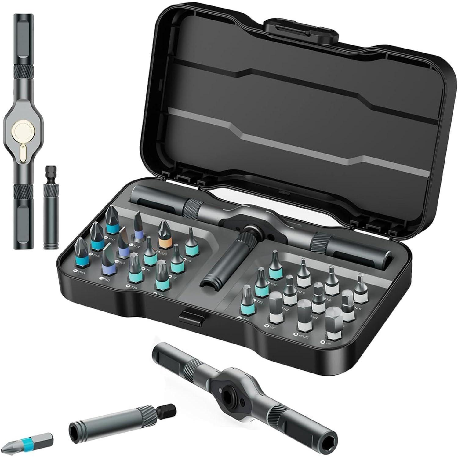 Ratschenschraubendreher Set Mit 24 Magnetischen Bits, Aluminiumgriff, Für Auto & Heimwerken