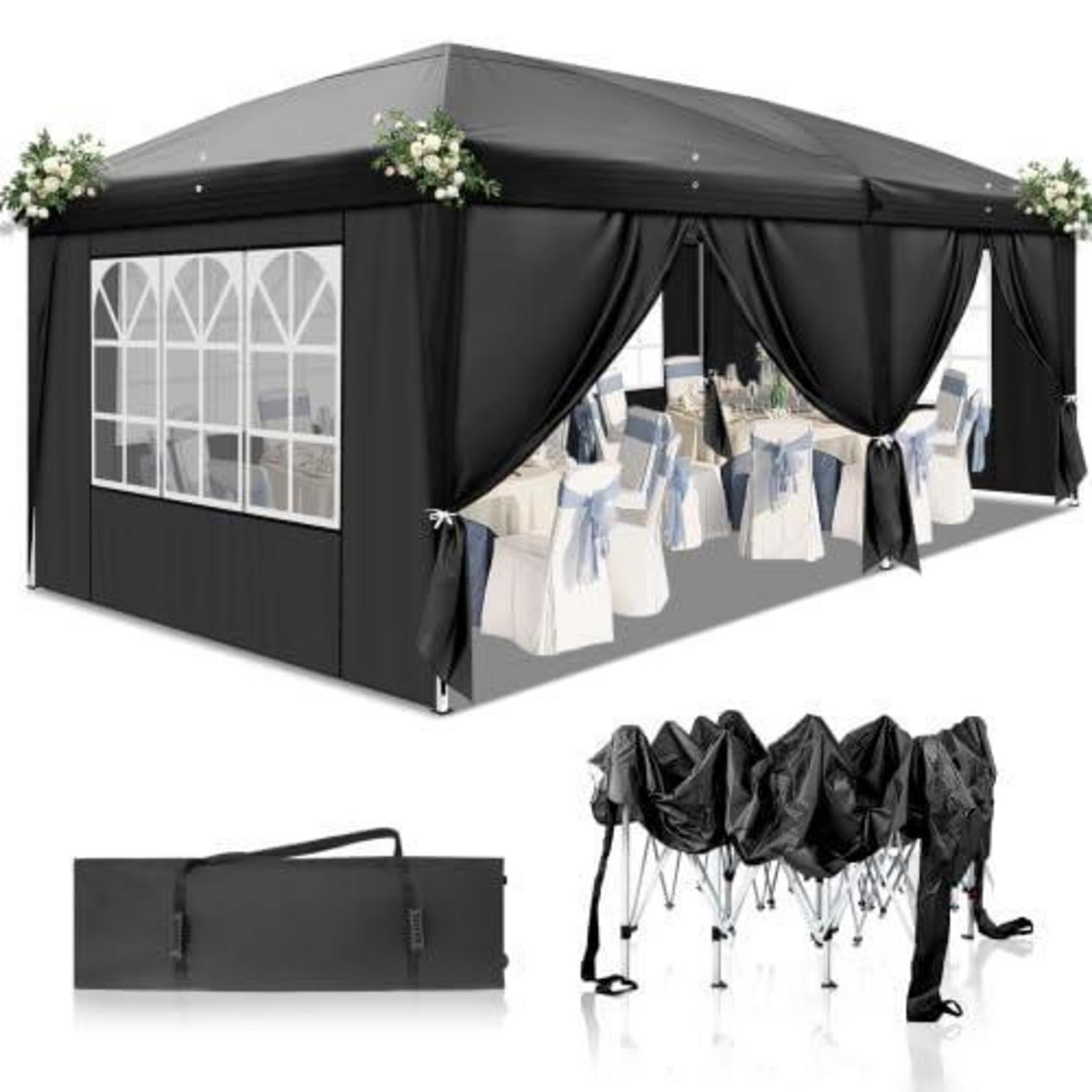 Partyzelt 3x6m, Höhenverstellbar, Wasserdicht, Mit 6 Seitenteilen, Schwarz