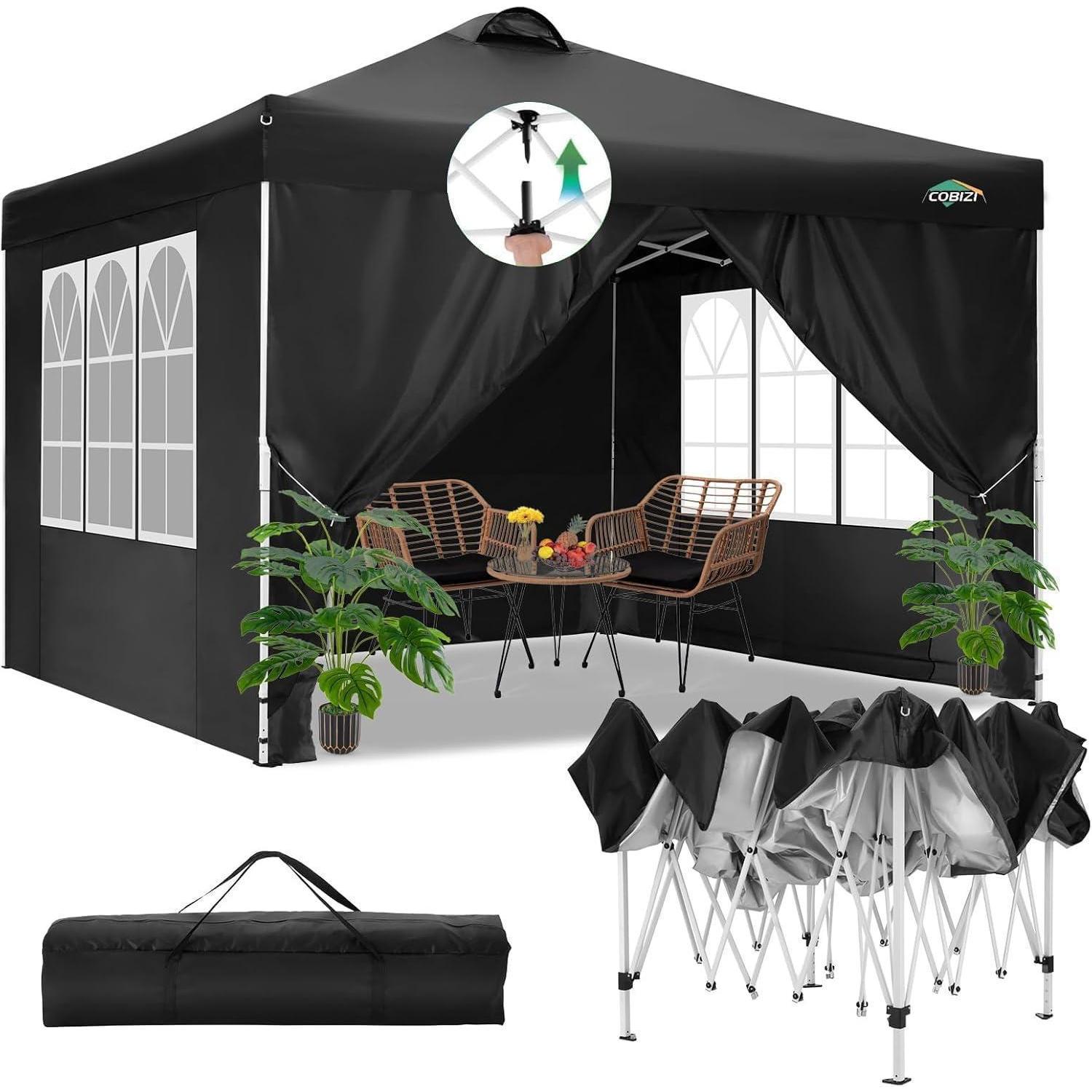 Faltpavillon 3x3m Wasserdicht Mit 4 Seitenteilen & Lüftung, Pop Up Gartenpavillon Höhenverstellbar