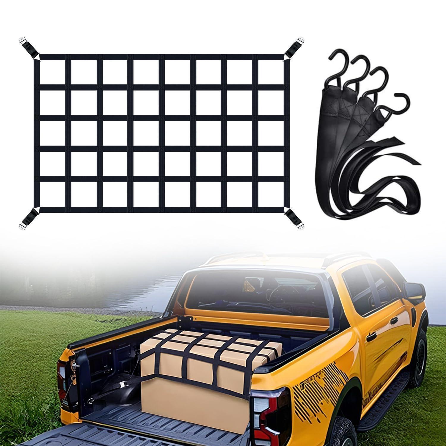 Cargo Netz Für Pickup & Lkw Ladefläche 167x127cm – 500kg Schwerlast, Reißfest, Verstellbar Mit 4 Gurten & S-haken