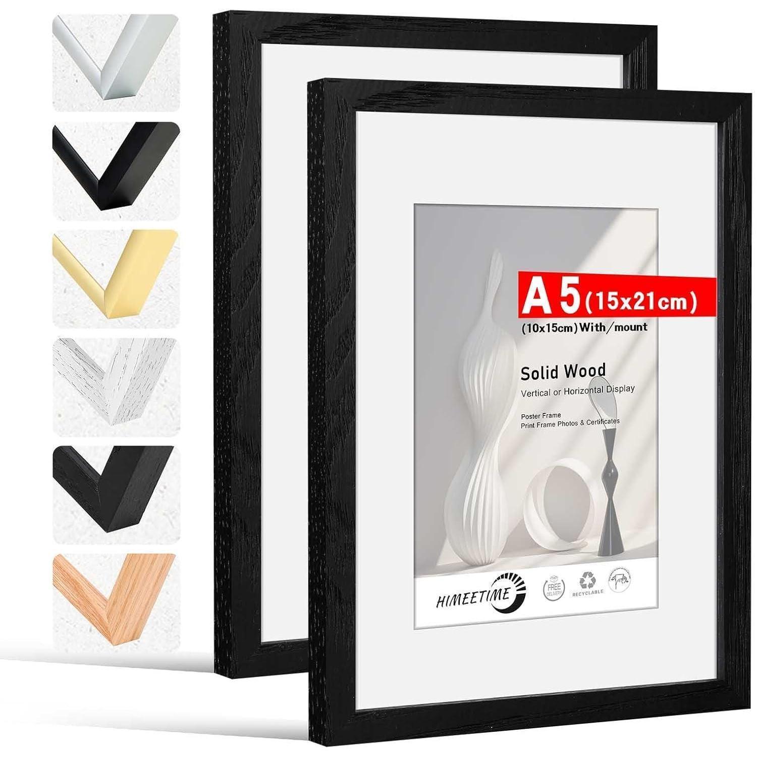 2x Bilderrahmen A5 (15x21cm) Schwarz Holz Mit Passepartout (10x15cm)