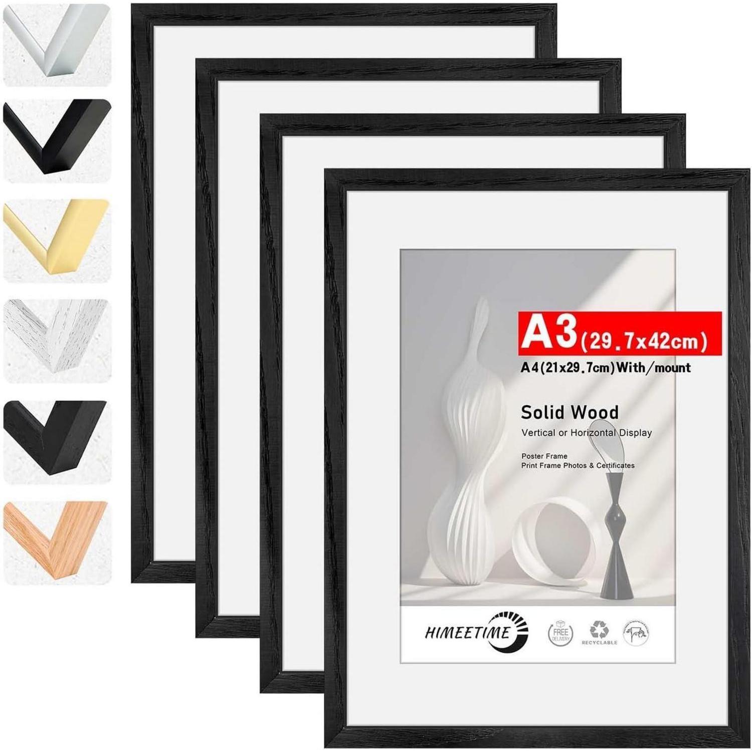 4x Bilderrahmen A3 Schwarz Holz Mit Passepartout Für A4, Echtholz Rahmen 29,7x42cm