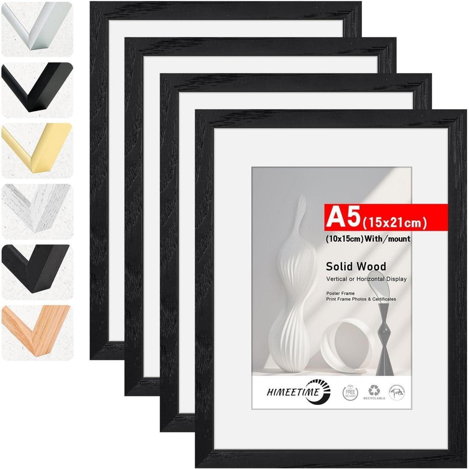 4x Bilderrahmen A5 Schwarz Massivholz Mit Passepartout Für 10x15cm Bilder