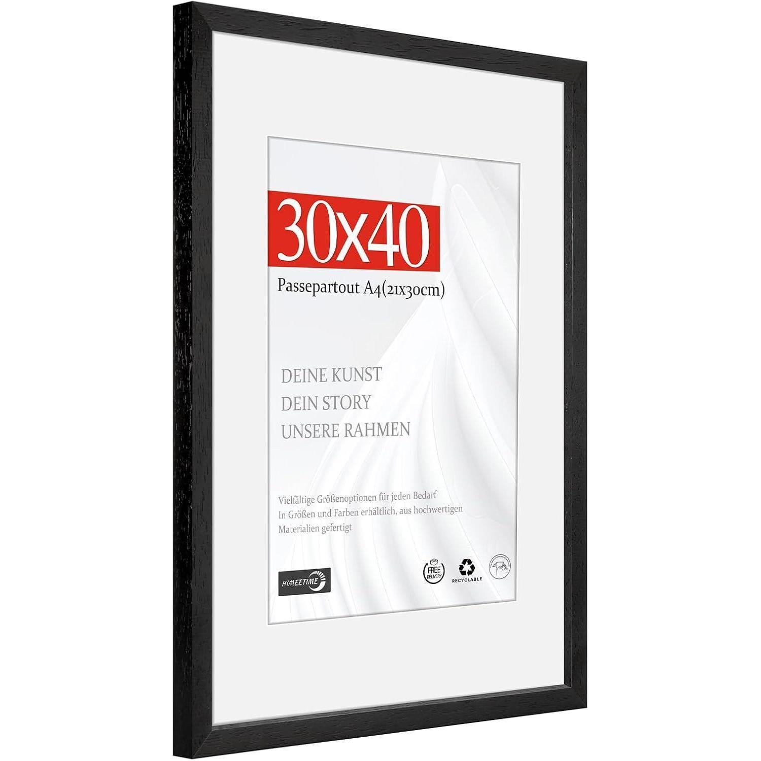 Bilderrahmen 30x40cm Naturholz Schwarz Mit Passepartout 21x30cm, Wandmontage