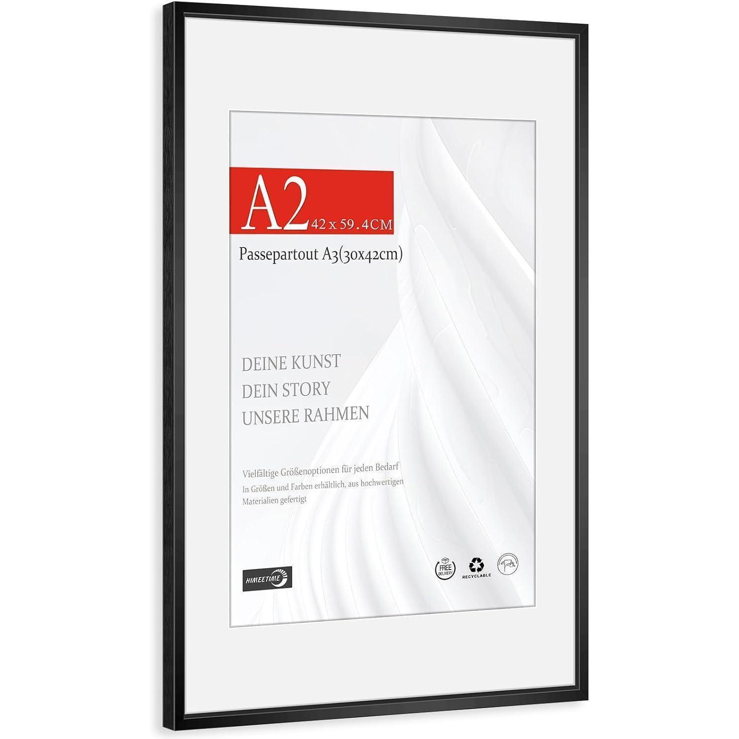 Bilderrahmen A2 (42x59,4cm) Aluminium Schwarz Mit Passepartout A3, Bruchsicher