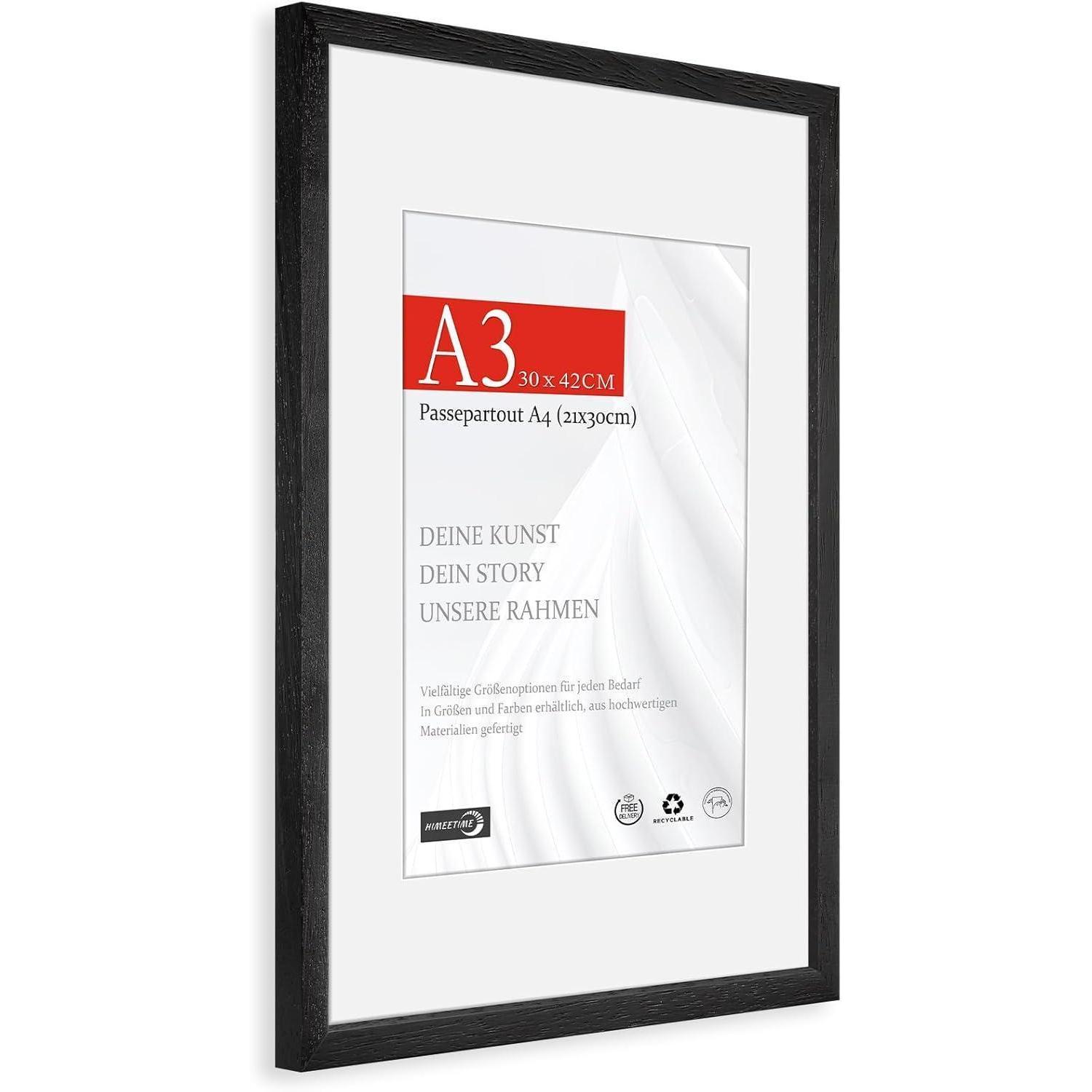 Bilderrahmen A3 (29,7x42cm) Naturholz Schwarz Mit Passepartout A4 (21x30cm) Wandmontage