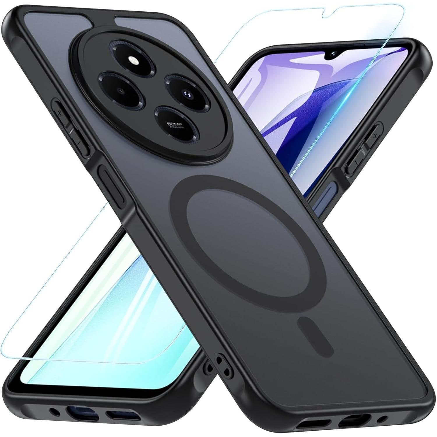 Schutzhülle Mit Panzerglas Für Xiaomi Redmi 14c, Magnetisch, Matt, Stoßfest, Schwarz