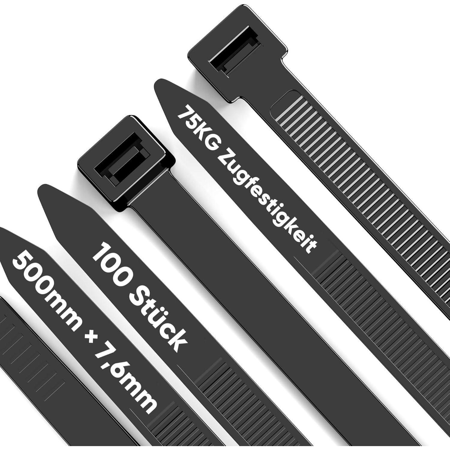 Kabelbinder Schwarz 100 Stück 500mm X 7,6mm Mit 75kg Zugfestigkeit
