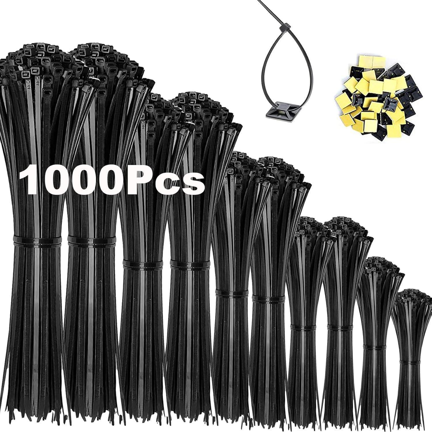 1000 Stück Kabelbinder Schwarz Mit 20 Klebesockeln, Uv- & Hitzebeständig, 100-300mm