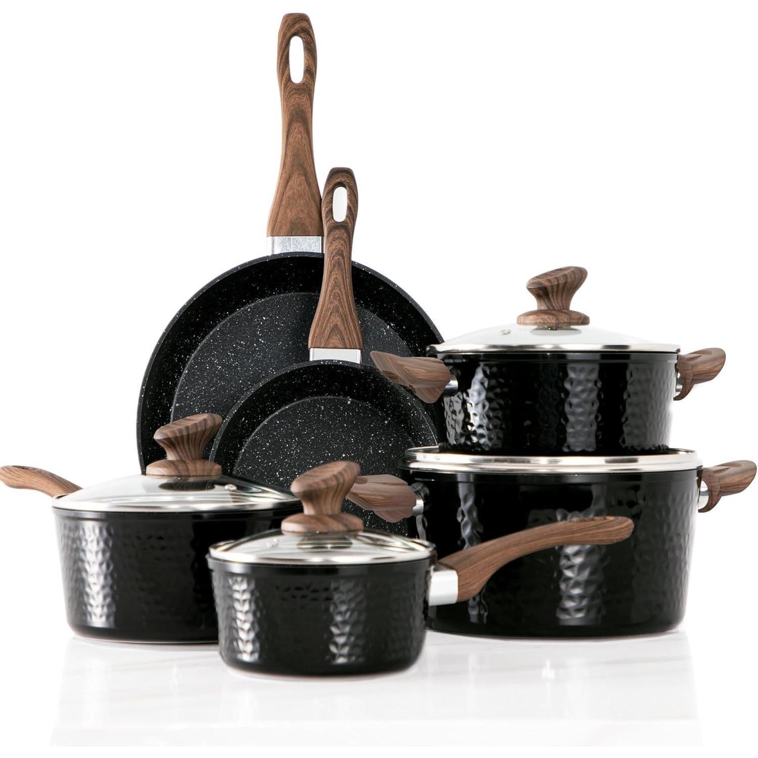 15-teiliges Induktions-kochtopf-set Mit Glasdeckeln, Antihaft-beschichtung, Pfoa-frei, Schwarz