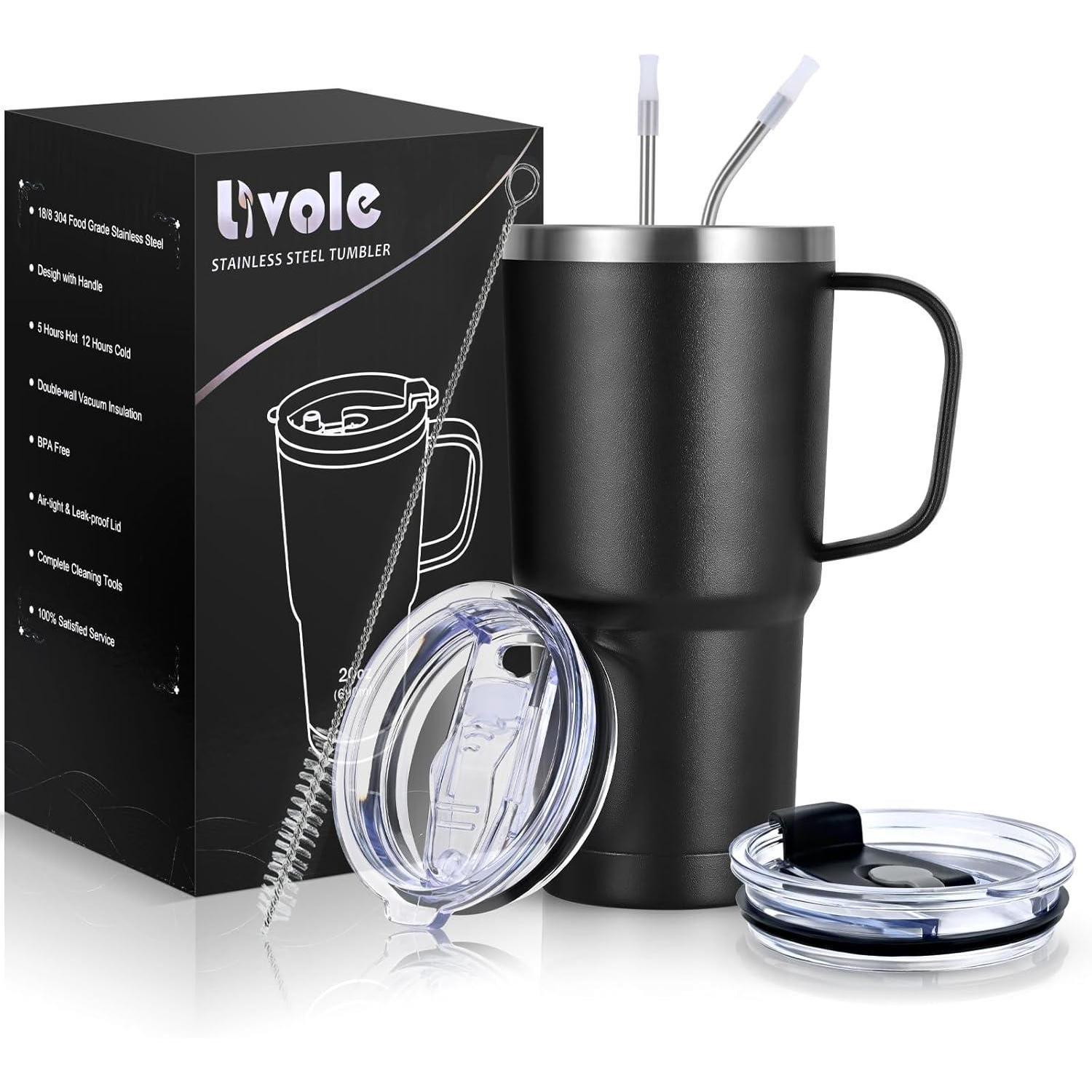 Thermosbecher Mit Henkel 600ml, Vakuum Kaffeebecher Edelstahl, Doppelwandig, Inkl. Strohhalm & Deckel, Schwarz
