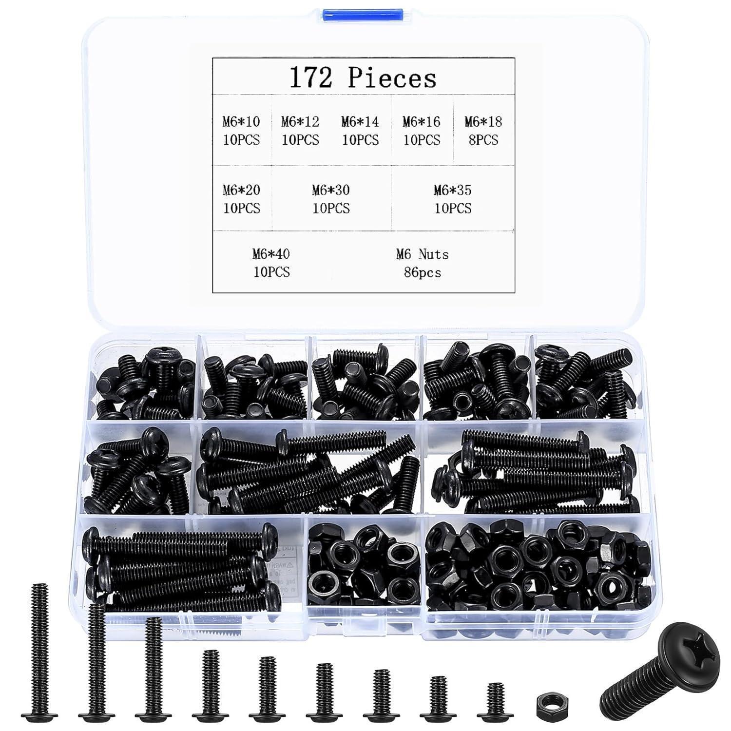 M6 Schrauben Und Muttern Set, 172 Teile, Linsenkopfschrauben, Kreuzschlitz, Verschiedene Längen, Kohlenstoffstahl, Schwarz
