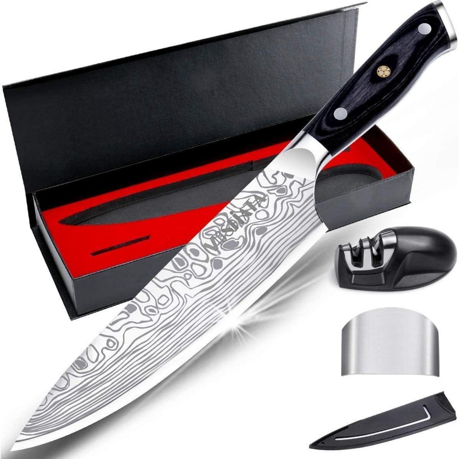 Kochmesser 20 Cm, Scharfes Küchenmesser Aus Deutschem Edelstahl, Mit Messerschärfer, Geschenkbox