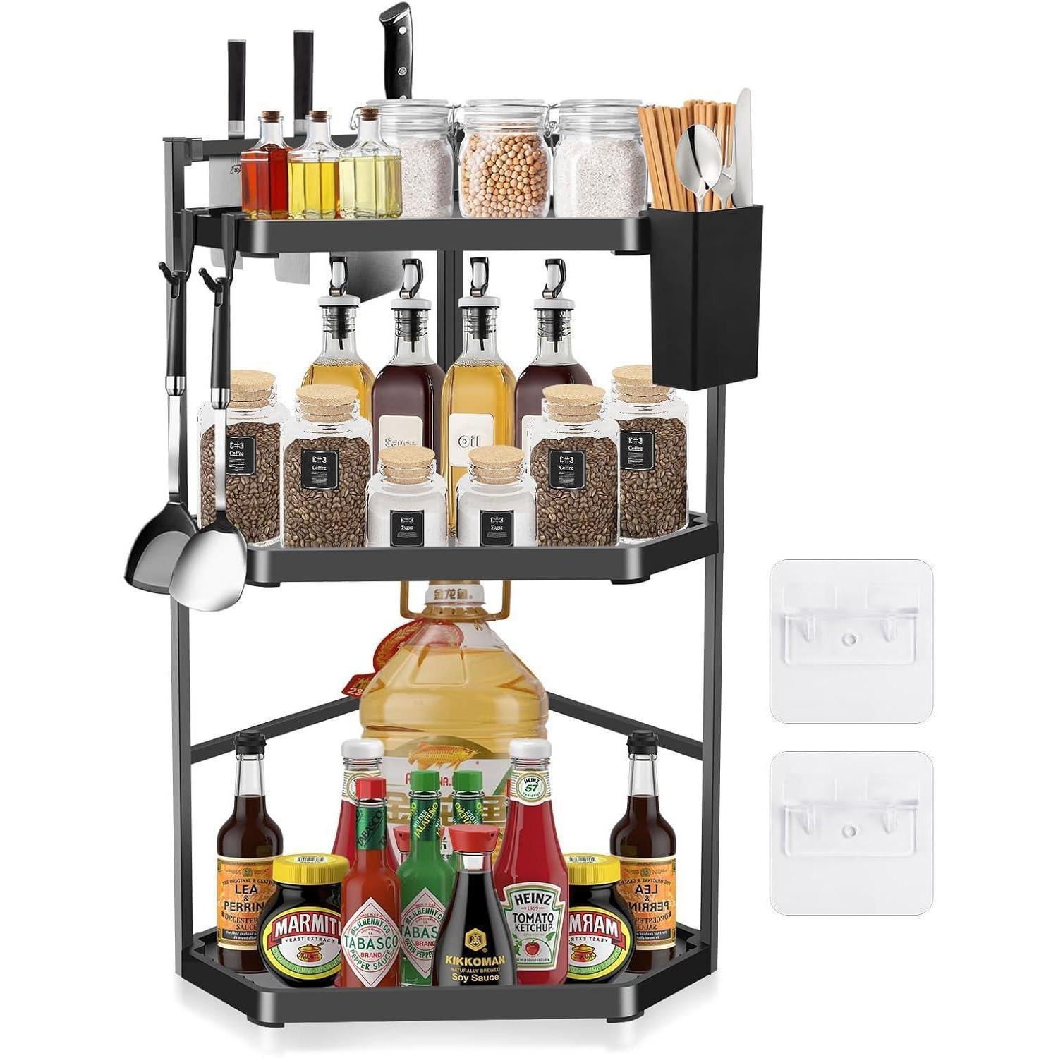 3-etagen Eck-küchenregal Aus Edelstahl, Verstellbar, 60cm, Mit Messerhalter