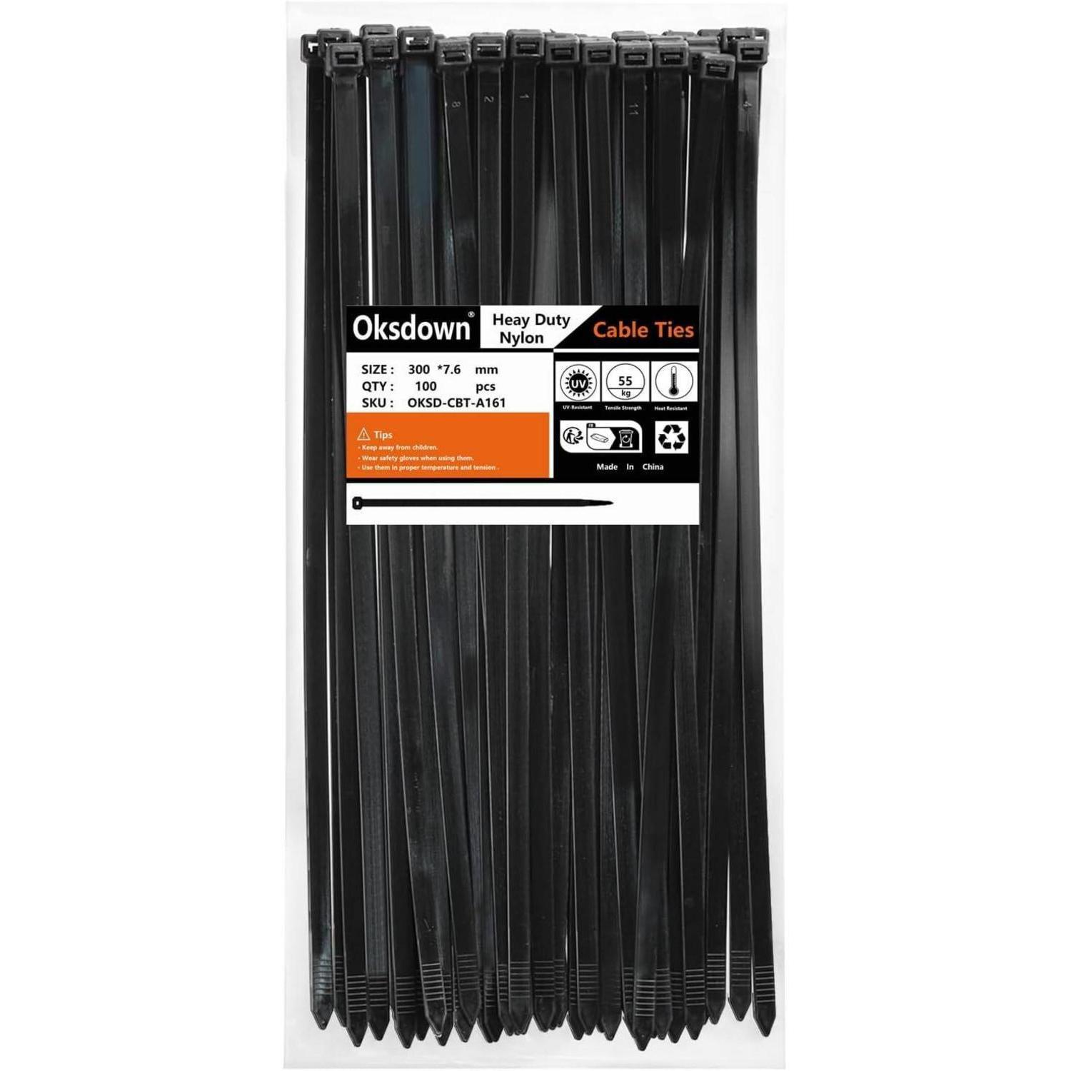 Kabelbinder 300mm X 7,6mm, 100 Stück, 55kg Zugfestigkeit, Uv-beständig, Schwarz
