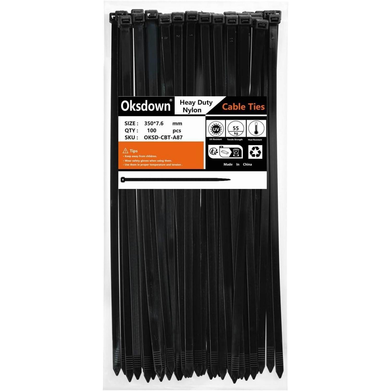 Kabelbinder 350mm X 7,6mm Schwarz, 100 Stück, 55kg Zugfestigkeit, Uv-beständig