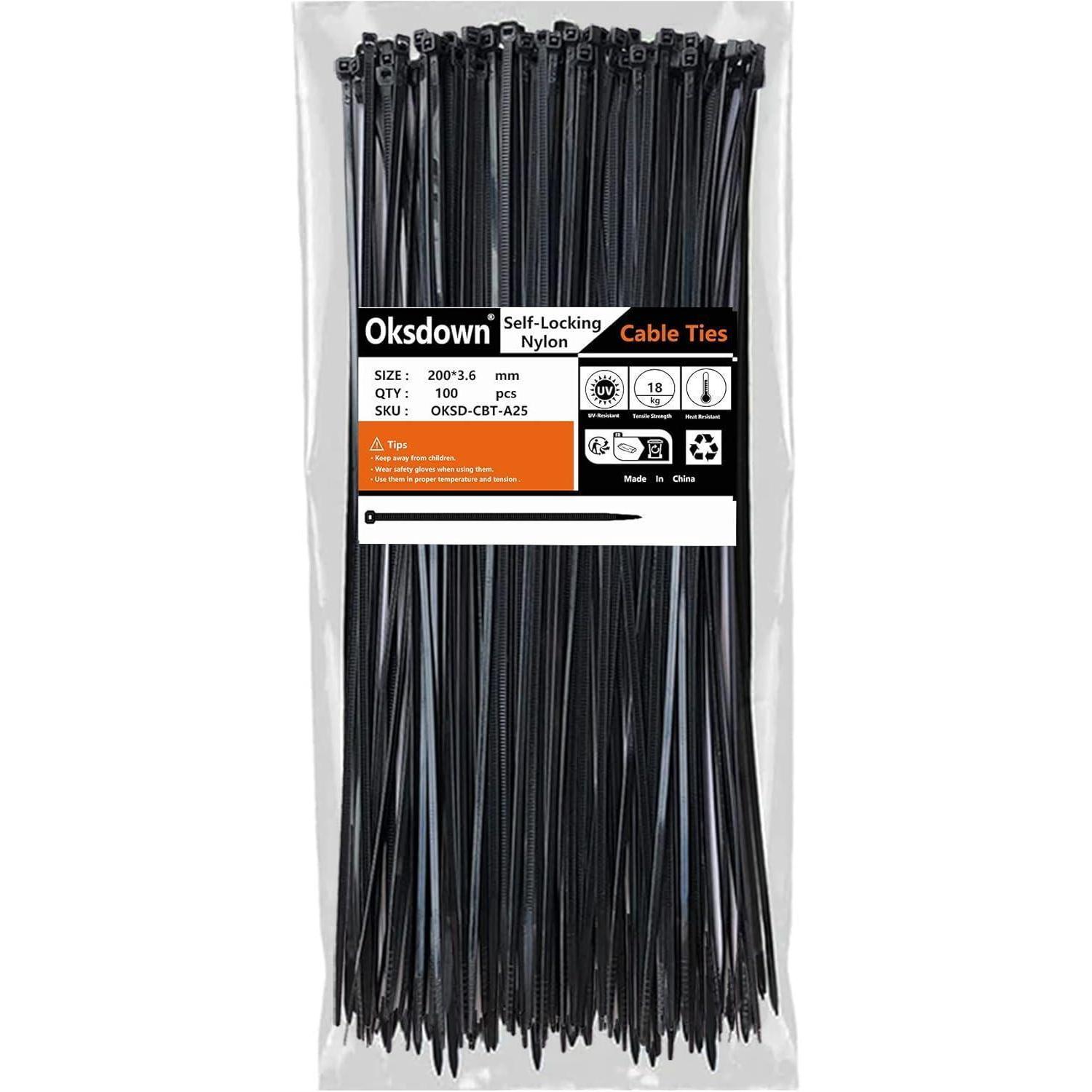 Kabelbinder Schwarz 200mm Uv-beständig 100 Stück Zugfestigkeit 18,2kg Nylon 6.6