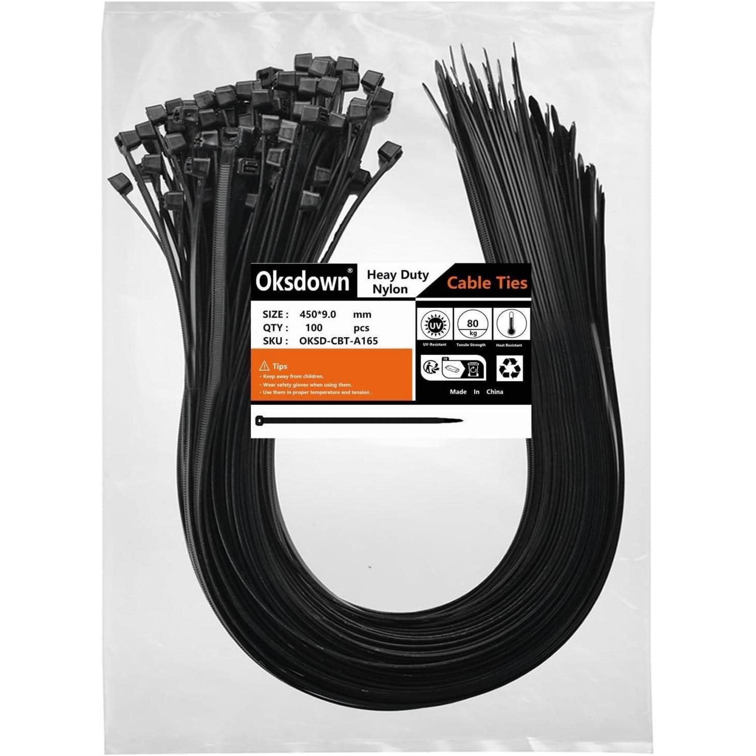 Kabelbinder 450mm X 9mm, 100 Stück, 80kg Zugfestigkeit, Uv-beständig, Schwarz