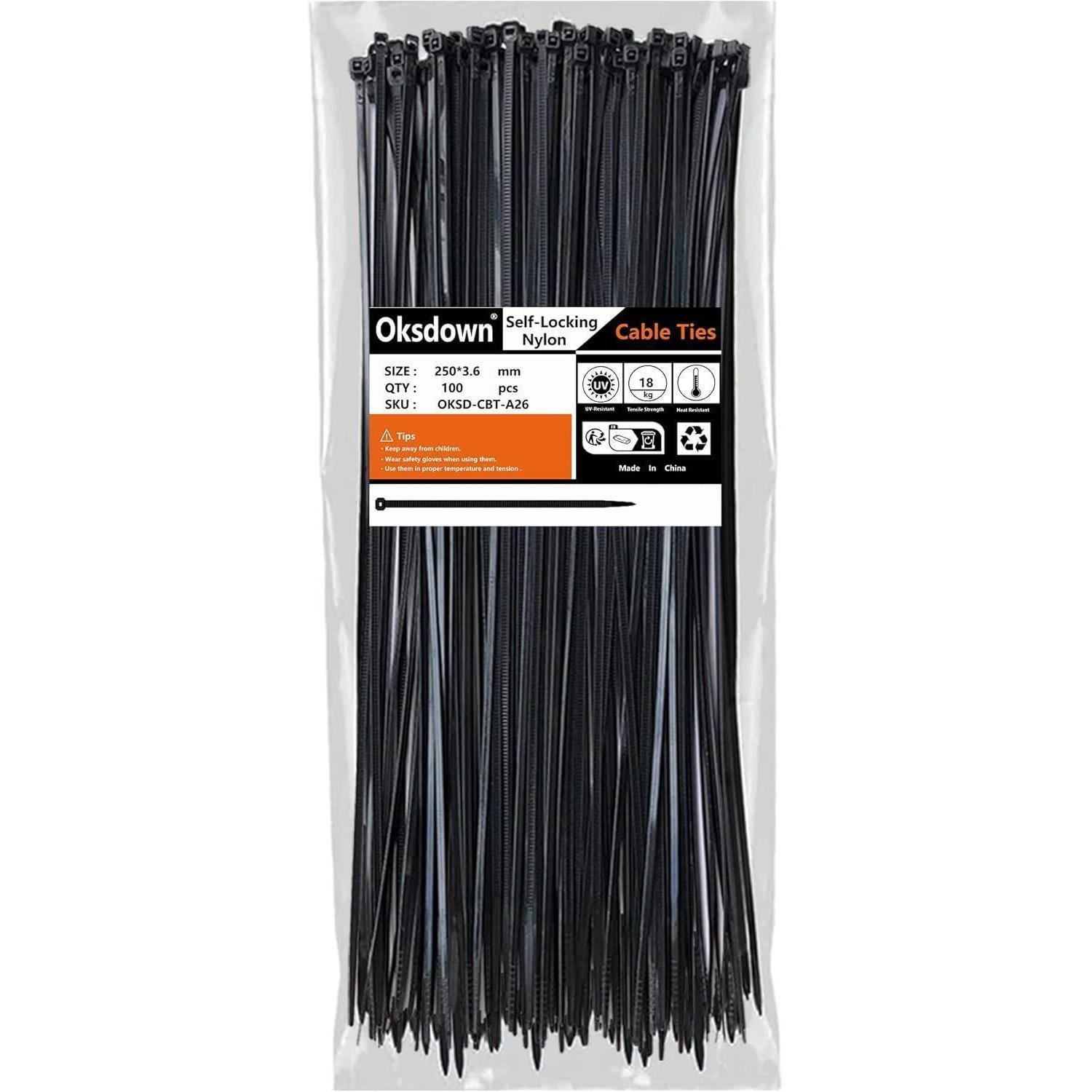Kabelbinder Schwarz 250mm X 3,6mm, 100 Stück, Uv-beständig, Zugfestigkeit 18,2kg