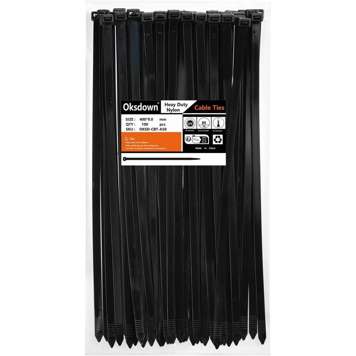 Kabelbinder 400mm X 9mm, 100 Stück, 80kg Zugfestigkeit, Uv-beständig, Schwarz