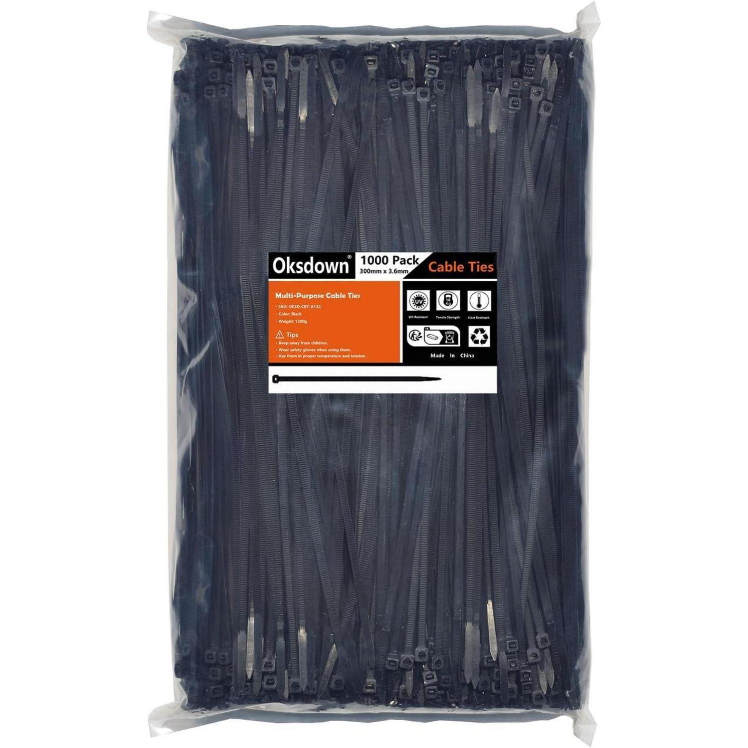 Kabelbinder Schwarz 300mm X 3,6mm, 1000 Stück, Uv-beständig, Nylon 6.6, 18,2kg Zugfestigkeit