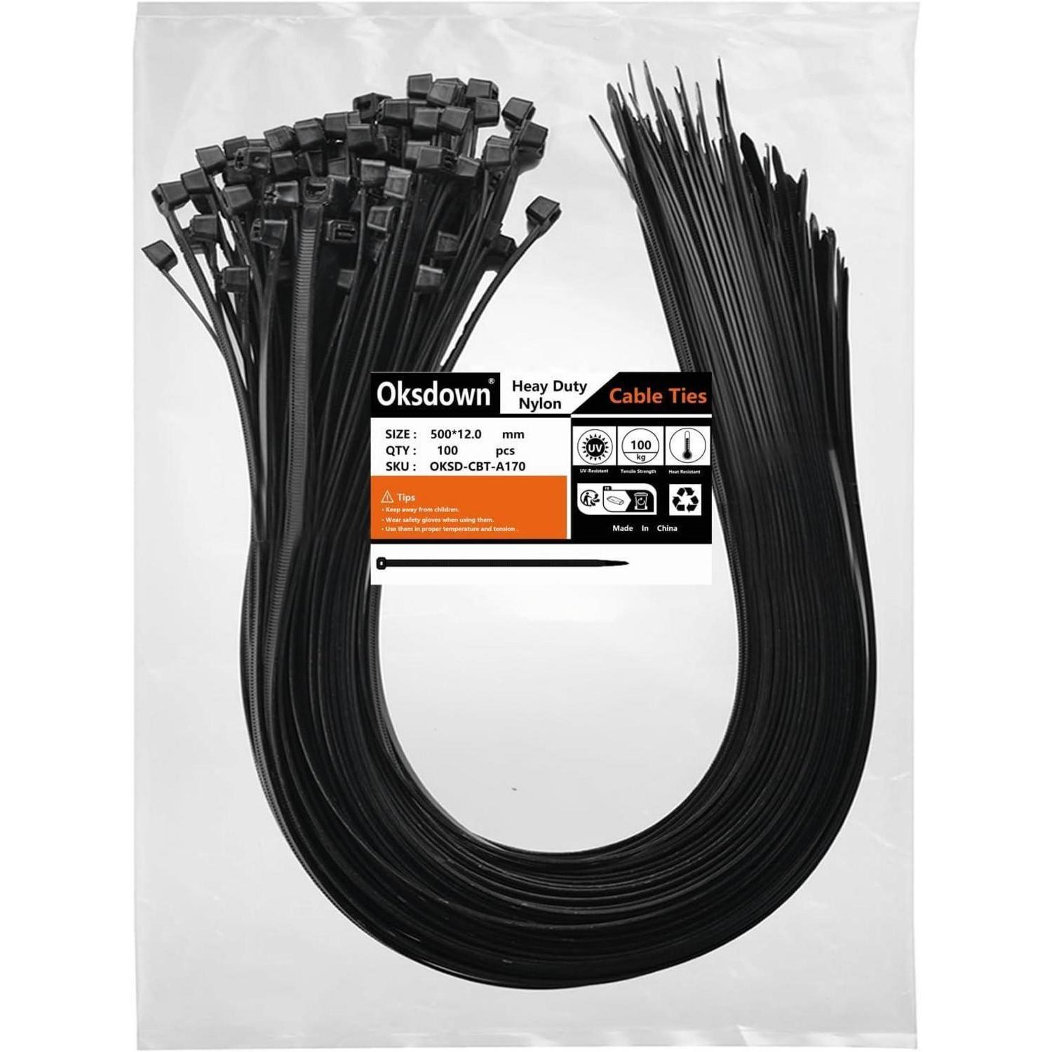 Kabelbinder 500mm X 12mm, 100 Stück, 100kg Zugfestigkeit, Uv-beständig, Schwarz