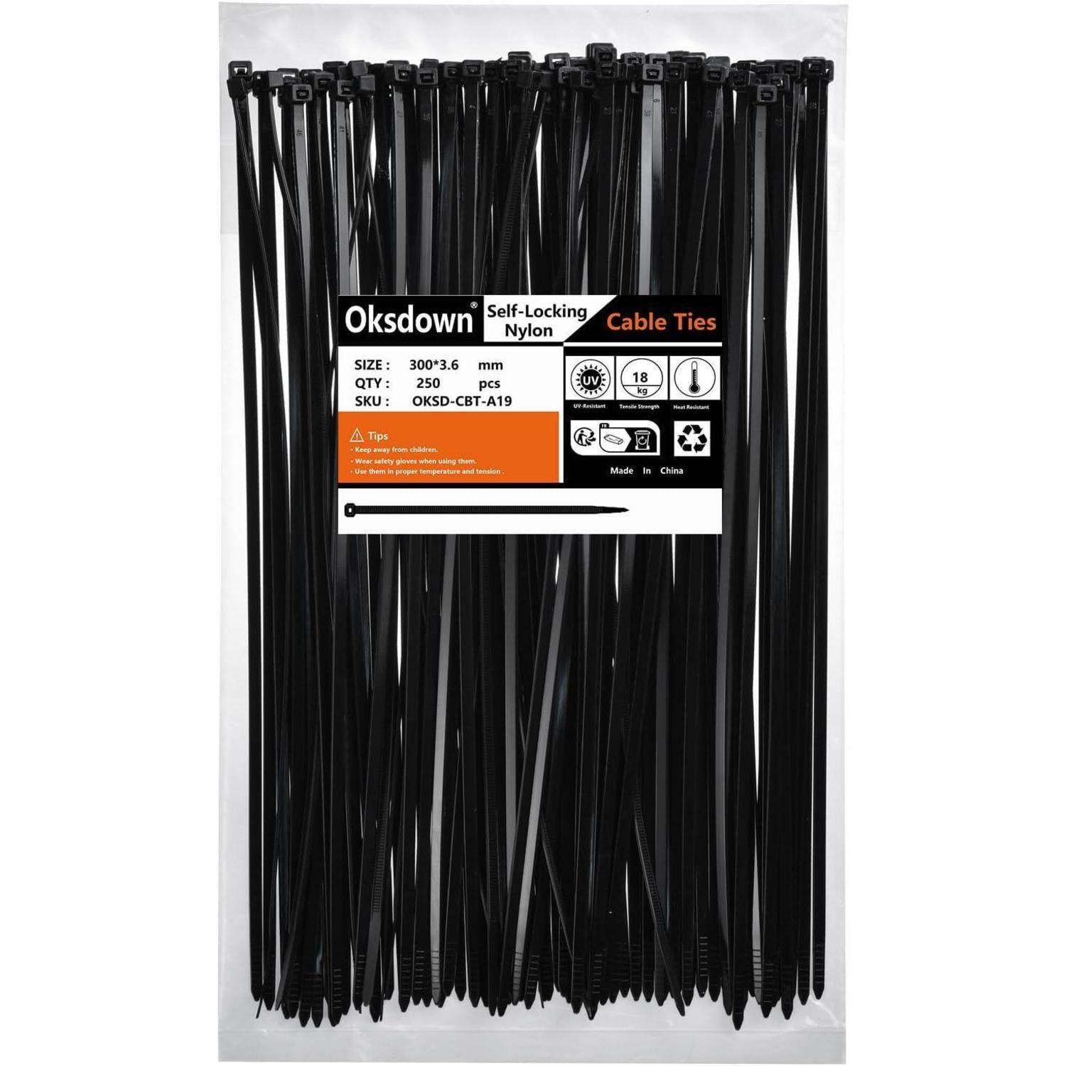 Kabelbinder Schwarz 300mm X 3,6mm, 250 Stück, Uv-beständig, Nylon 6.6