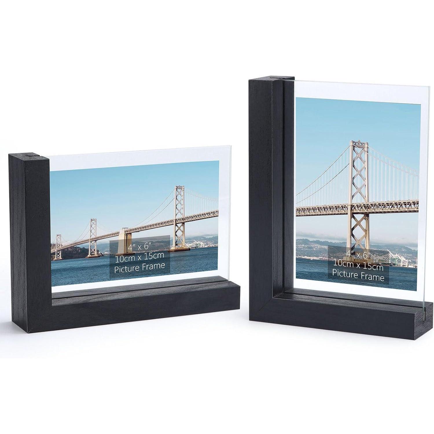2er Set Bilderrahmen 10x15 Cm, Doppelseitig, Glas, L-sockel, Schwarz