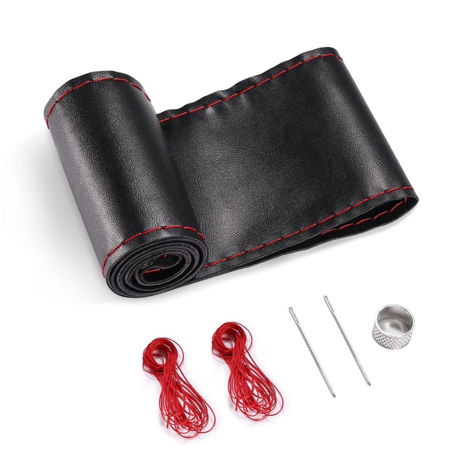 Lenkradabdeckung Aus Echtleder Zum Aufnähen Für 37-39 Cm Lenkräder, Schwarz Mit Roter Naht