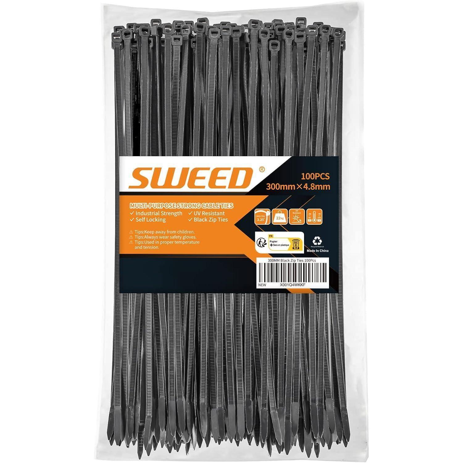 Kabelbinder 300mm Schwarz, 100 Stück, Uv-beständig, 4.8mm Breit, 22kg Zugfestigkeit