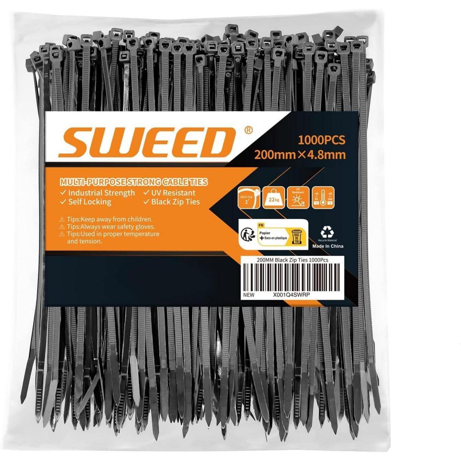 Kabelbinder Schwarz 200mm X 4.8mm, 1000 Stück, Uv-beständig, 22kg Zugfestigkeit
