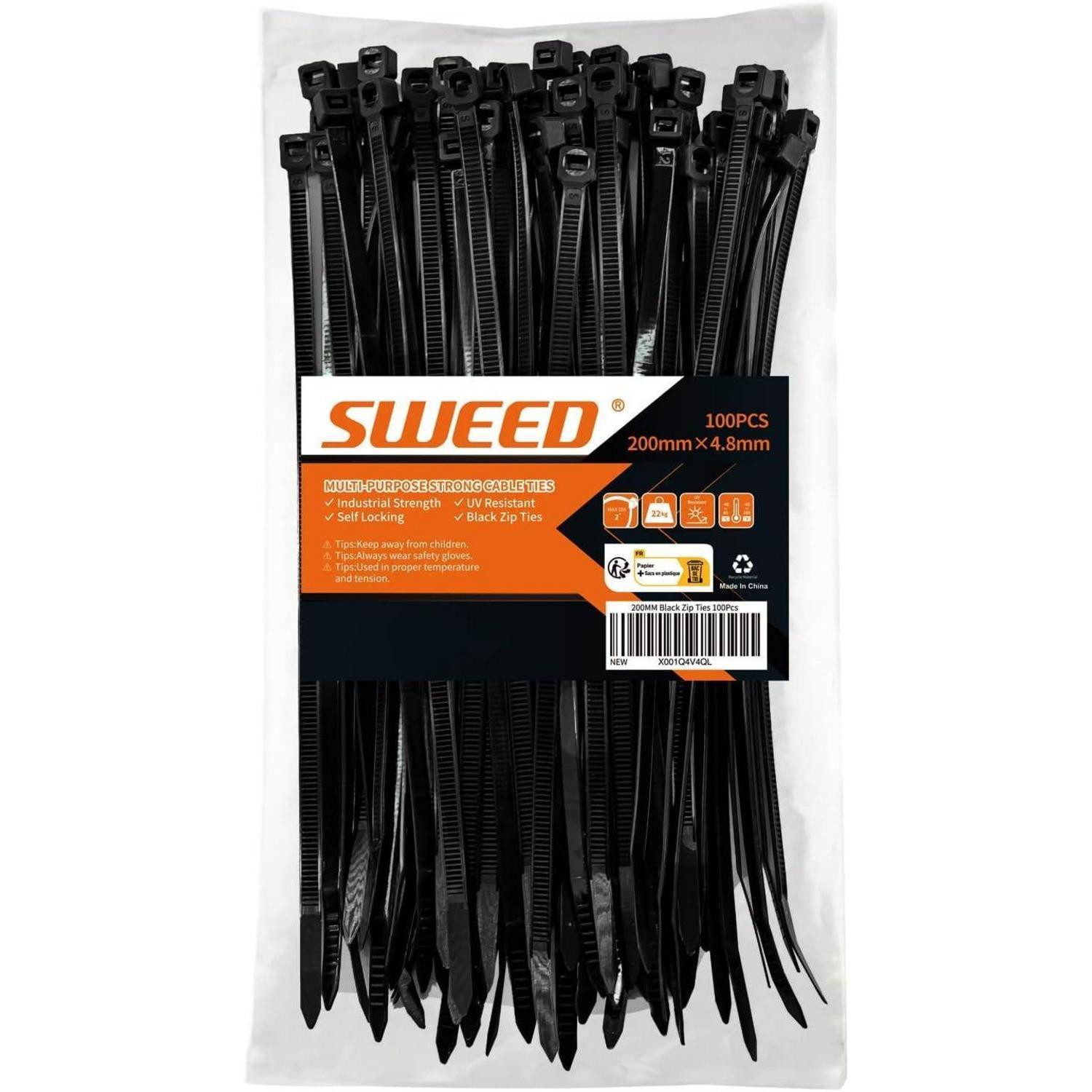Kabelbinder Schwarz 200mm X 4.8mm, 100 Stück, Uv-beständig, 22kg Zugfestigkeit