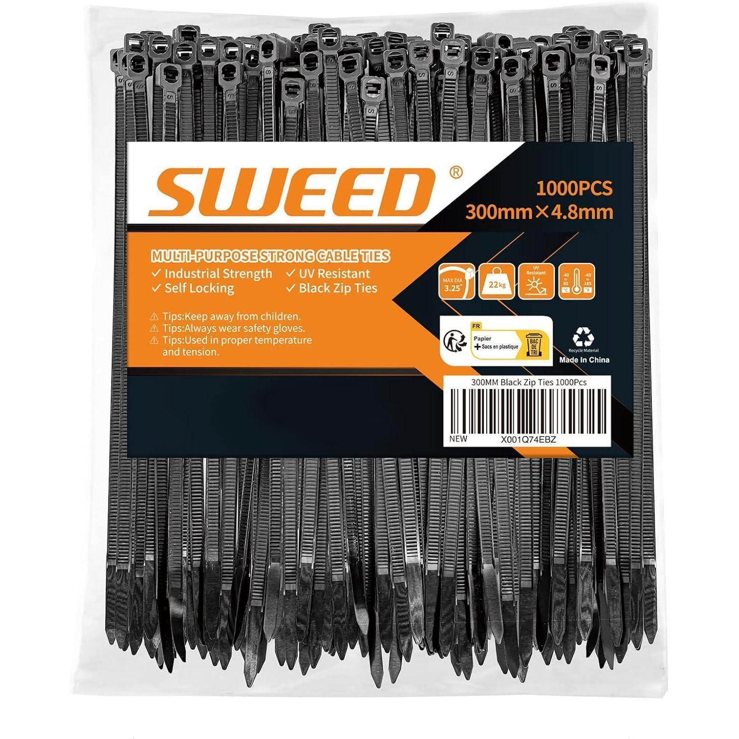 Kabelbinder Schwarz 300mm, 1000 Stück, Uv-beständig, 22kg Zugfestigkeit