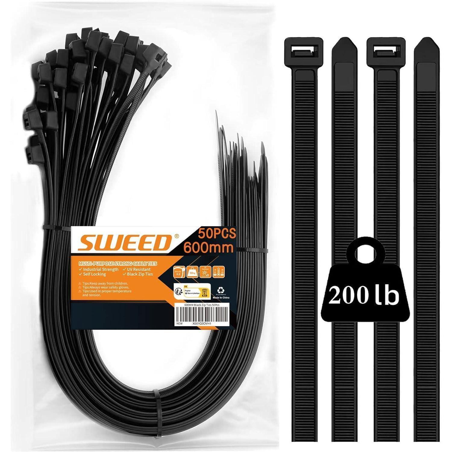 Kabelbinder Schwarz 600mm, 50 Stück, 90kg Zugfestigkeit, Uv-beständig
