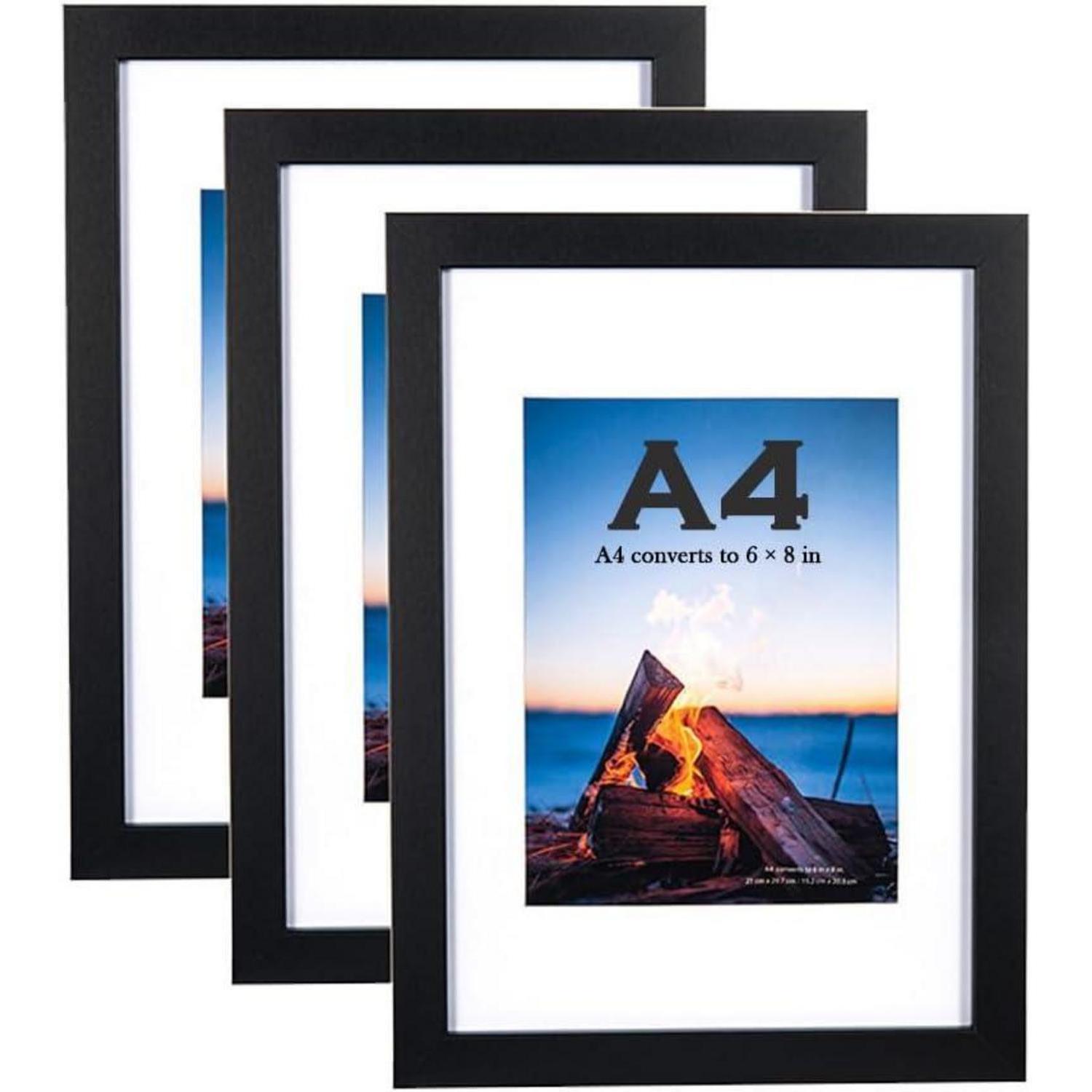 3er Set Bilderrahmen Din A4 Schwarz Mit Acrylglas & Passepartout