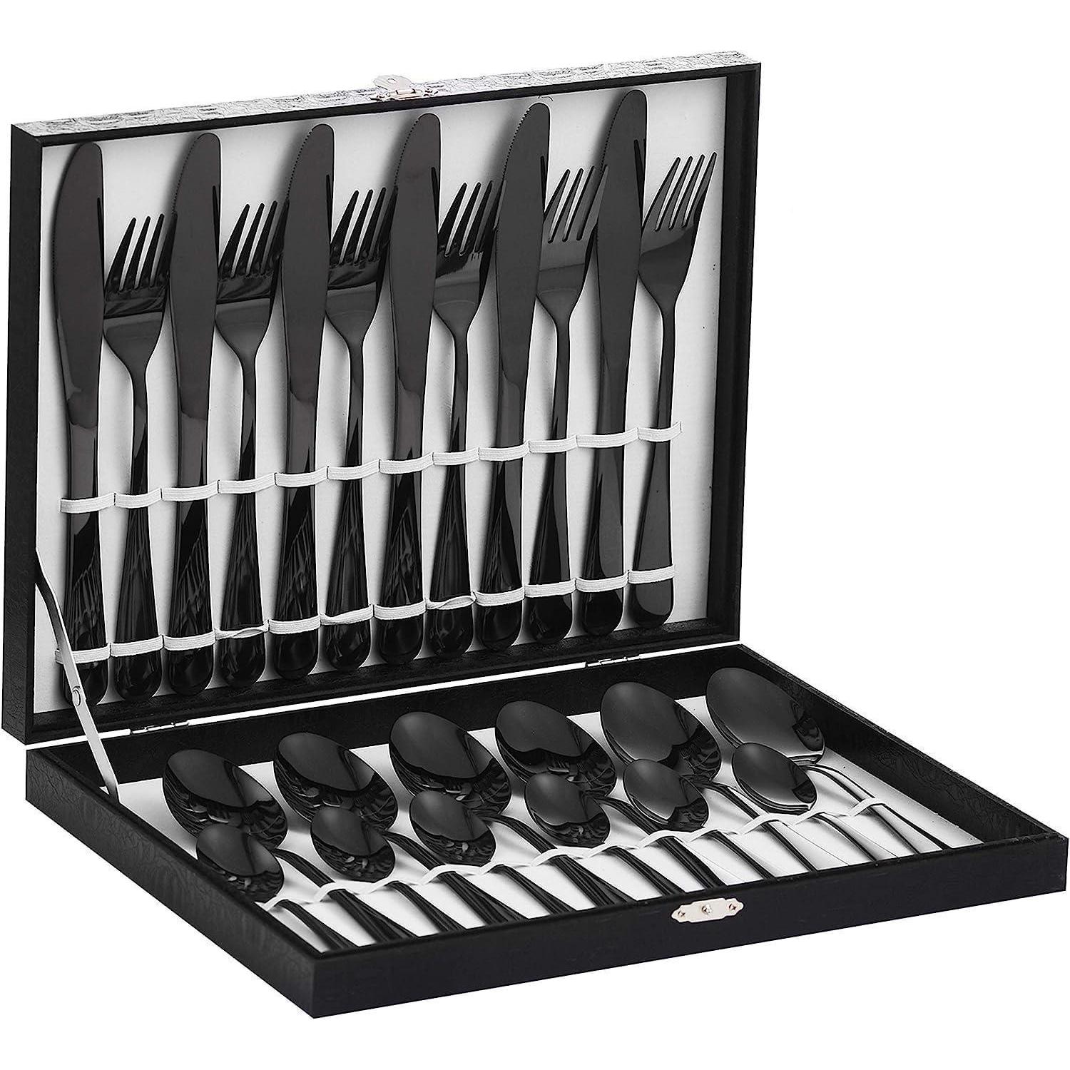 Besteckset Schwarz 24 Teile Für 6 Personen Edelstahl 18/10 Poliert Geschenkbox Spülmaschinenfest