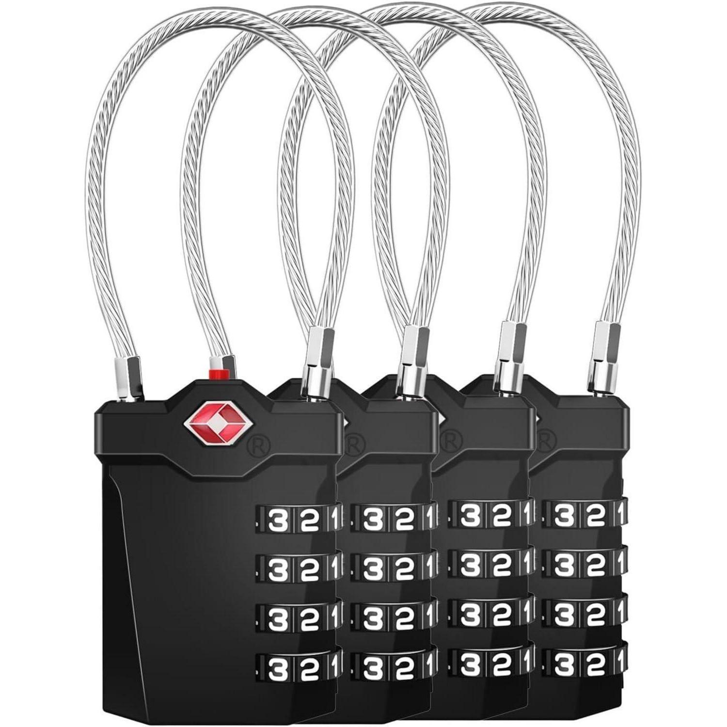 4er Set Tsa Zahlenschloss Mit Kabel, 4-stellig, Für Koffer Und Spind, Schwarz