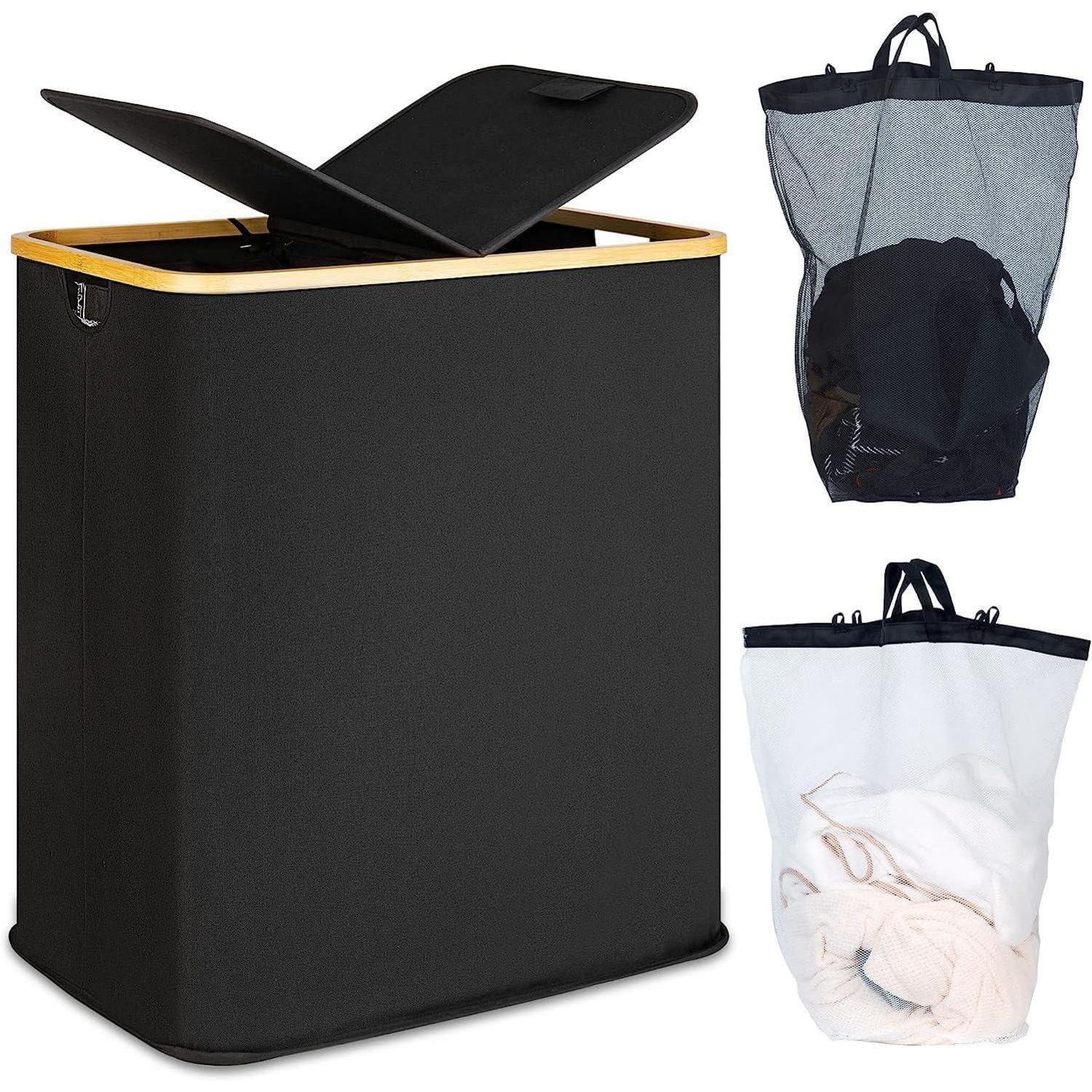 Wäschekorb Mit Deckel, 2 Fächer, 140l, Bambus & Leinen, Schwarz