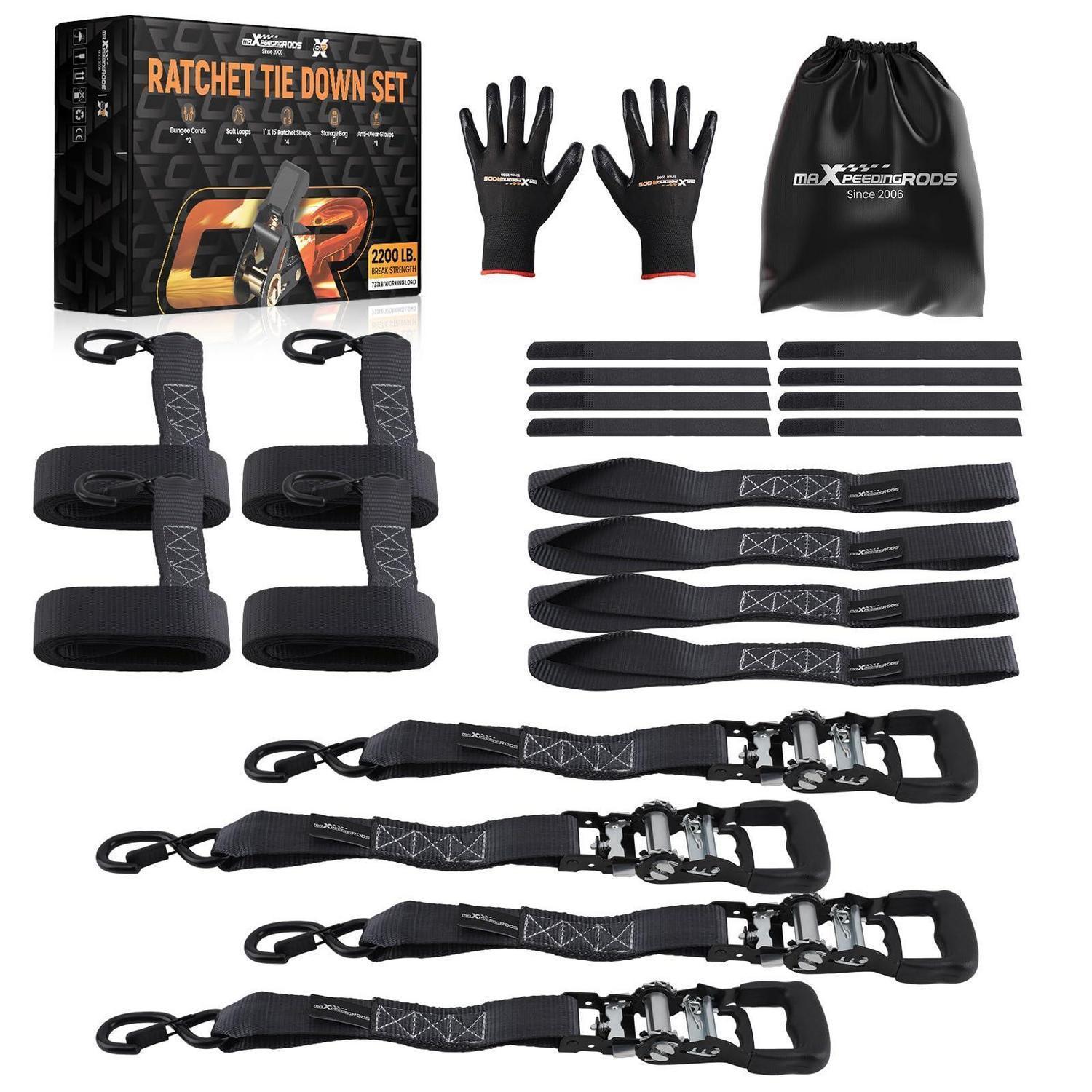 Ratschen Zurrgurte Set 4-teilig Mit Soft Loops & S-haken, 2.4m, 2362kg Bruchfestigkeit