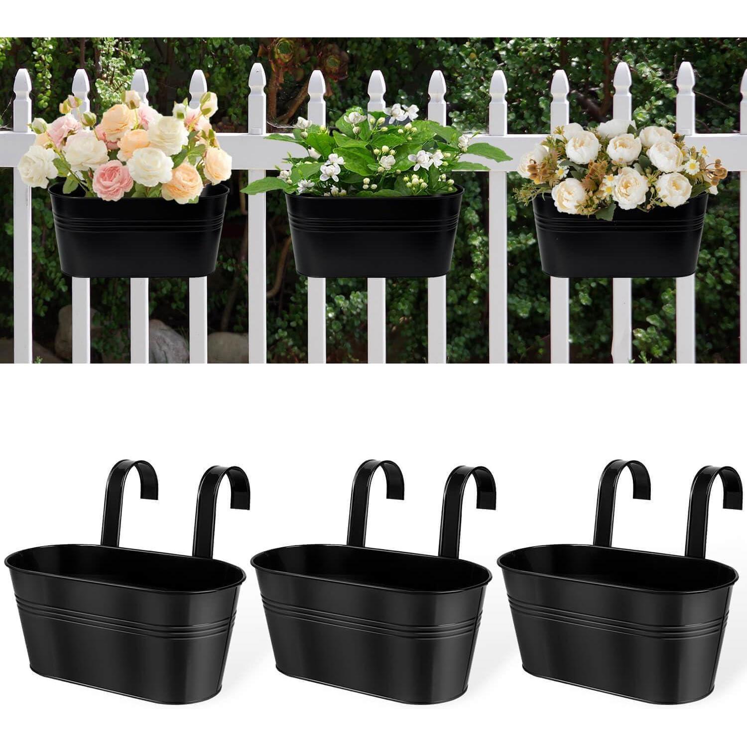 Hängende Blumentöpfe 3er Set Schwarz Metall Mit Haken Für Balkon & Zaun
