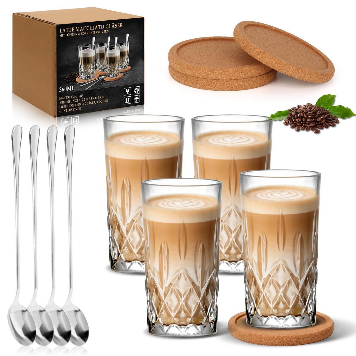 4er Set Latte Macchiato Gläser 360ml Mit Löffeln & Untersetzern