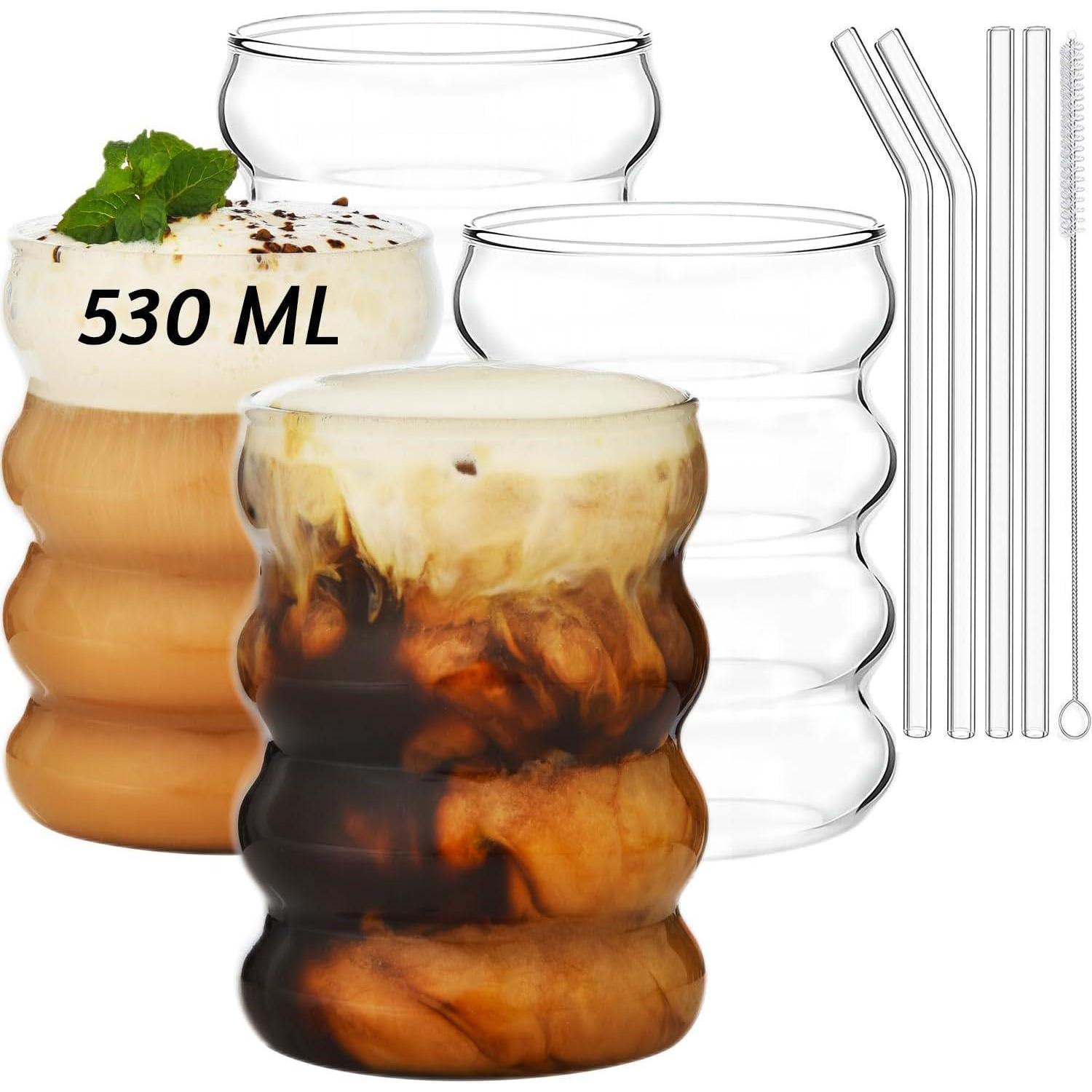 Gerippte Trinkgläser 530ml Mit Glasstrohhalmen, 4er Set, Eiskaffee, Longdrink