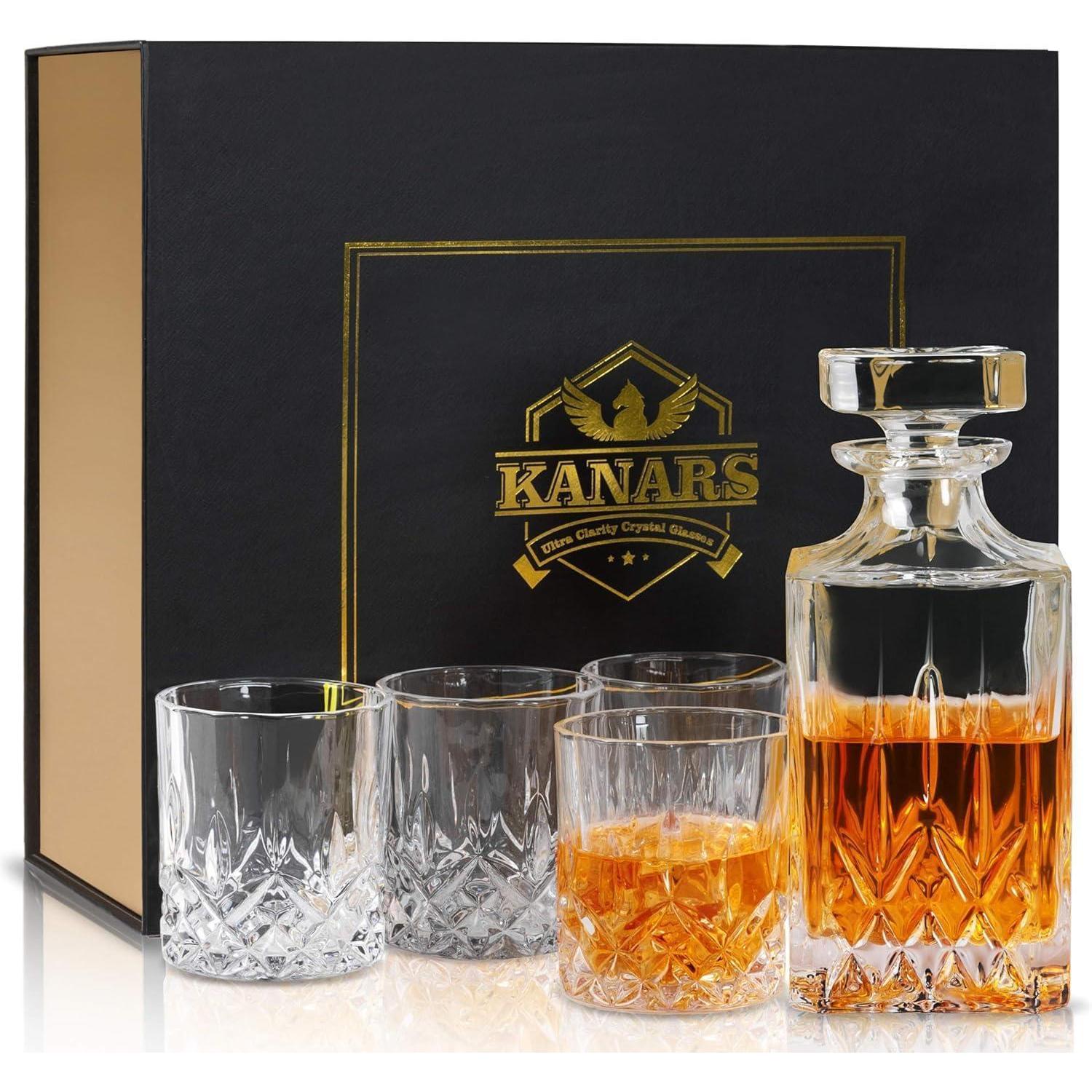 Whisky Karaffe Und Gläser Set 5-teilig, Bleifrei Kristallglas, 750ml Dekanter Mit 4x 300ml Gläser