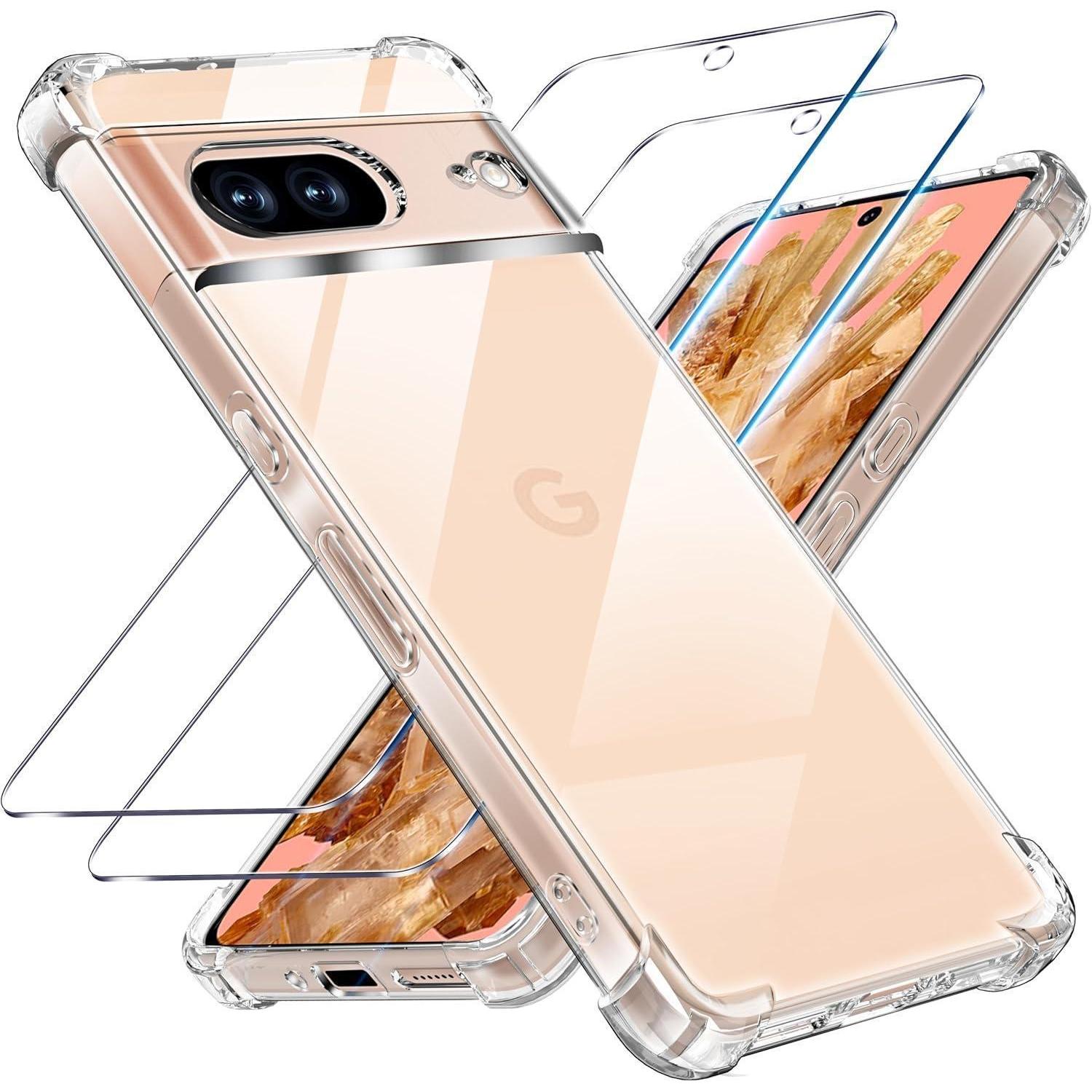 Schutzhülle Mit Panzerglas Für Google Pixel 8, Transparent, Stoßfest, Kratzfest