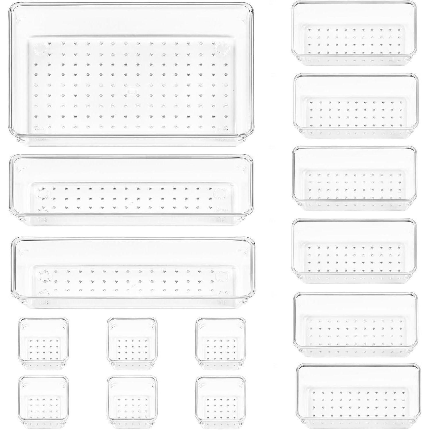 Schubladen Organizer Set 15 Stück, Klar Kunststoff, 4 Größen, Stapelbar, Rutschfest