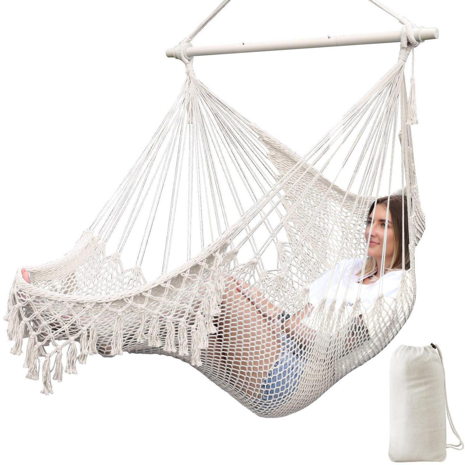 Hängesessel Aus Baumwollseil, Handgewebt, Mit Spreizstange, 240x80cm, Weiß