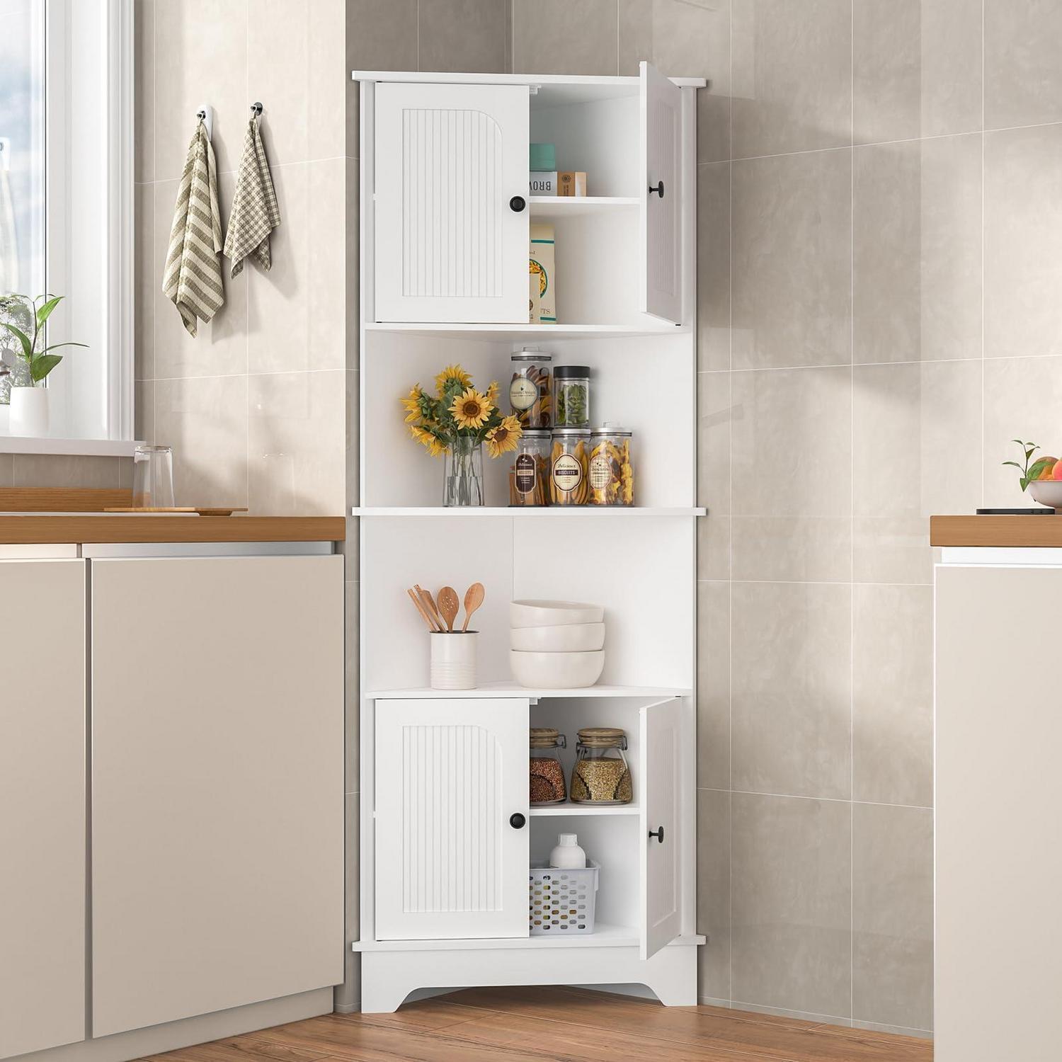 Eckschrank Küche 173cm Mit 2 Ebenen Und 2 Türen, Weiß/schwarz, Landhausstil