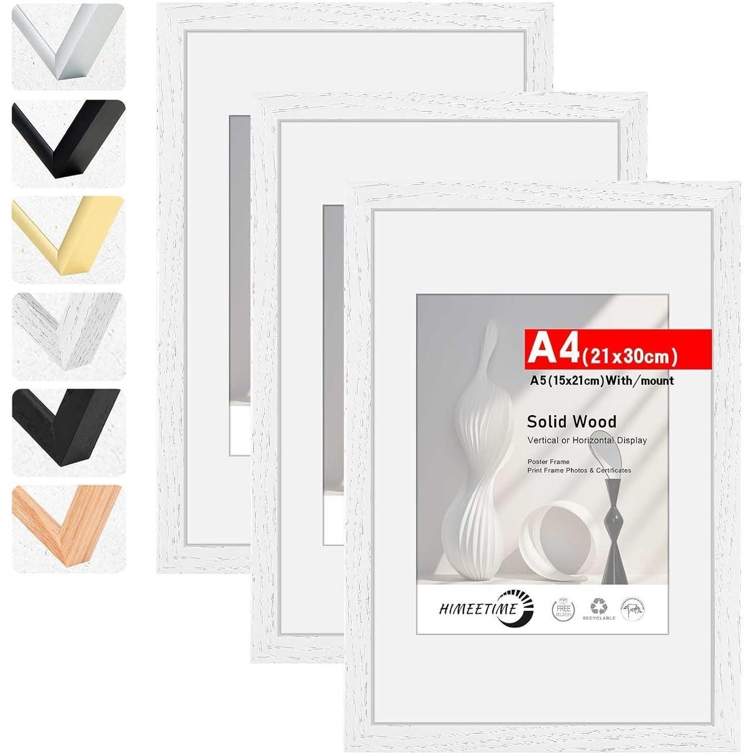 3x Bilderrahmen A4 21x30 Cm Weiss Holz Mit Passepartout Für A5, Wand & Tisch